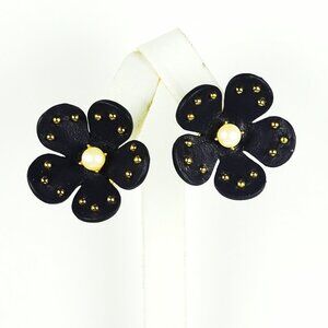 KATE SPADE Gold Plated Black Leather & White Faux Pearl Flower Stud Earrings